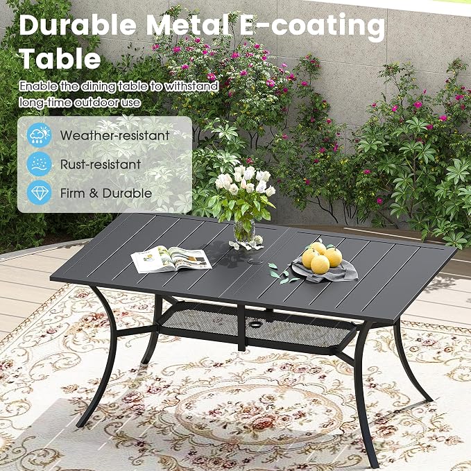 7 Pieces Outdoor Patio Dining Set, 59.2" All Weather Rectangle Metal Table with Umbrella Hole and Storage Shelf, 6 High Back Textilene Swivel Chairs for Garden, Lawn, Black