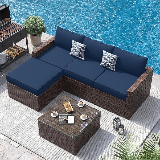 UDPATIO 5 Piece Patio Furniture Set, All-Weather Wicker Outdoor Sectional Sofa,Rattan L Shaped Outdoor Conversation Patio Sectional with Ottoman, Glass Table for Balcony Porch Backyard,Navy Blue