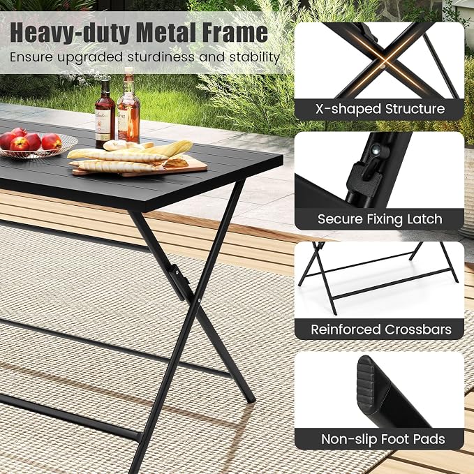 Giantex Folding Outdoor Dining Table for 4-6 Person, 48"x30" Rectangular Metal Patio Table with Large Tabletop, Foldable Outside Dinner Table for Garden Backyard Picnic (Black)