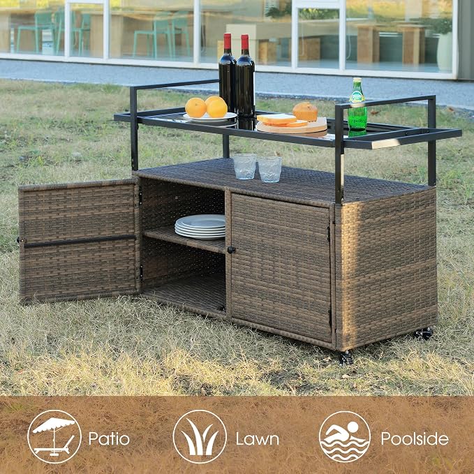 HOMEFUN Outdoor Bar Cart Table - Patio Console Storage Cabinet BBQ Grill Carts Buffet with Wheels Waterproof Wicker Serving Tables for Outside, Brown