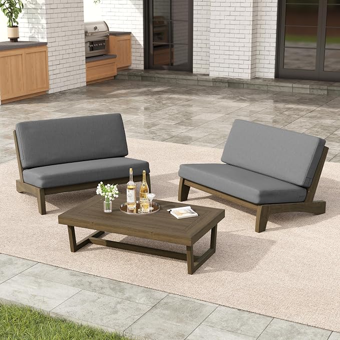 3 Pieces Patio Furniture Sets, All-Weather Outdoor Wood Bistro Set Patio Conversation Coffee Table Chiars and Patio Loveseat for Balcony, Backyard