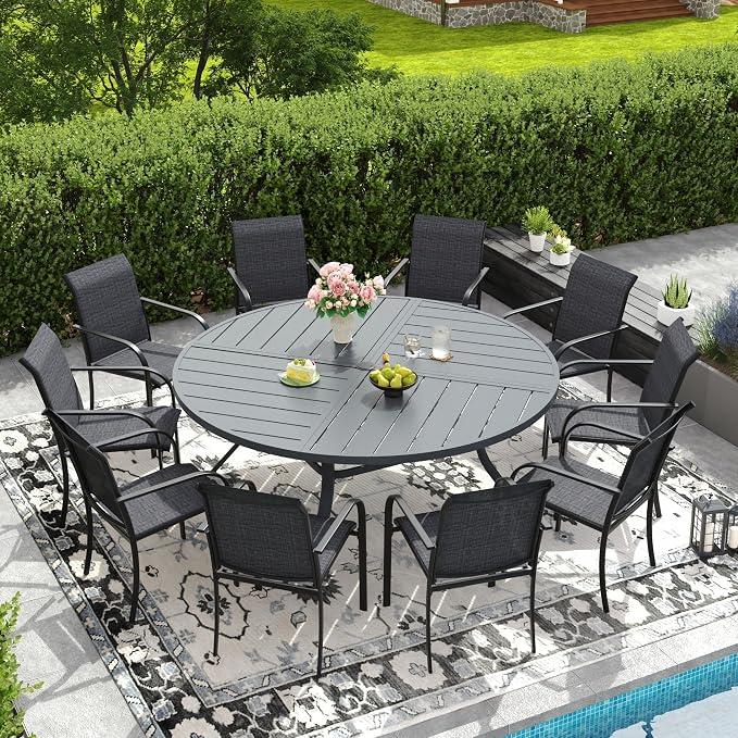 DIFY 63" Round Outdoor Patio Dining Table for 8-10, All-Weather Metal Steel Slatted Patio Table with 1.57" Adjustable Umbrella Hole for Garden, Backyard, Deck, Grey