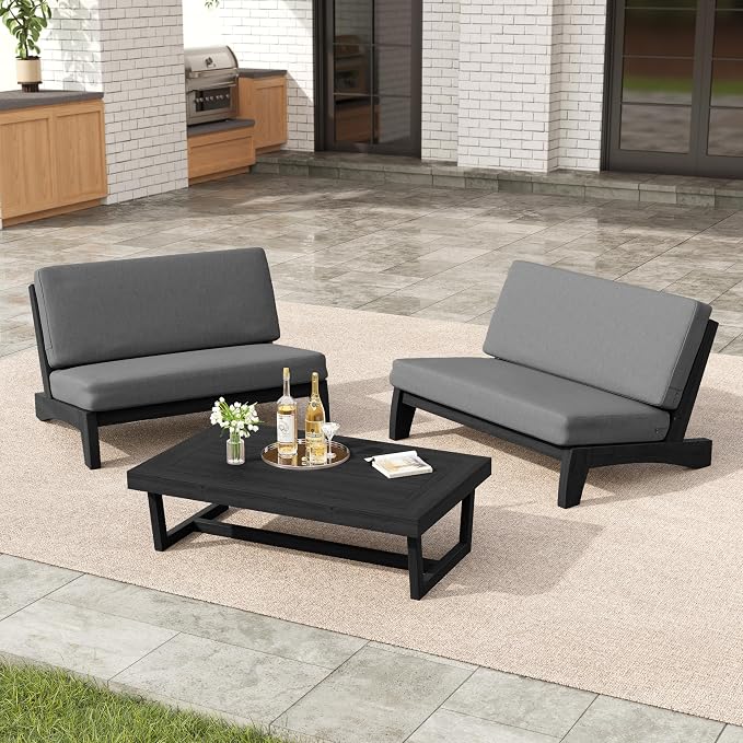 3 Pieces Patio Furniture Sets, All-Weather Outdoor Wood Bistro Set Patio Conversation Coffee Table Chiars and Patio Loveseat for Balcony, Backyard