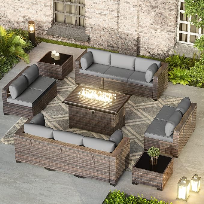 Gotland 13 Pieces Patio Furniture Set with Fire Pit Table, All Weather PE Rattan Outdoor Furniture with 29.5'' High Backrest 4’’ Thick Cushions Coffee Table, Patio Conversation Set for Deck, Gray
