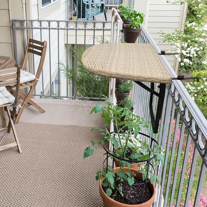 White Indoor and Outdoor Foldable Wicker Balcony Table with Metal Frame and Adjustable Clamps