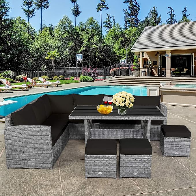RELAX4LIFE 7 PCS Wicker Patio Furniture Set, Outdoor Rattan Sofa Set with Dining Table & Ottomans Soft Cushions for Backyard Garden Poolside Balcony, Sectional Conversation Couch Set (Black)