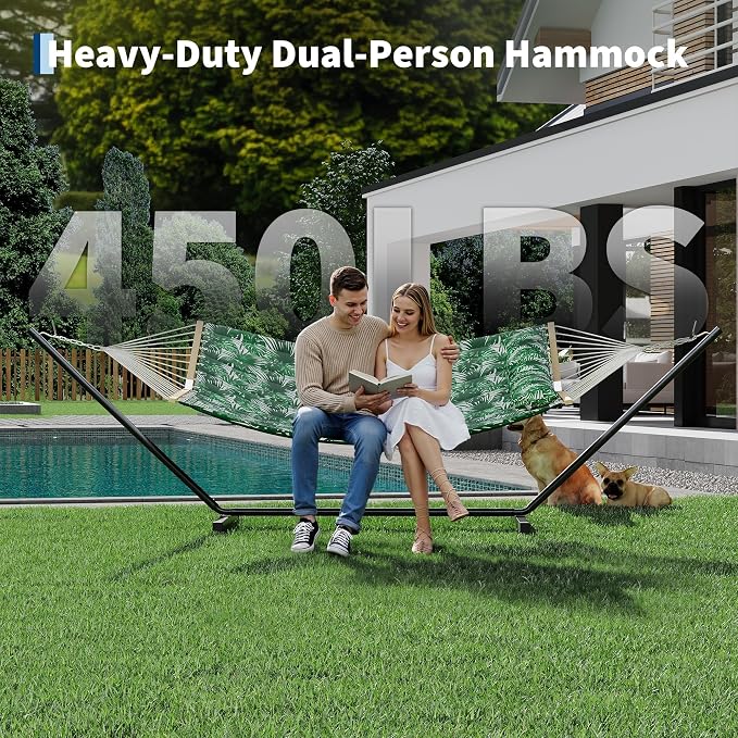 2 Person Outdoor Hammock with Stand, 450 LBS Heavy Duty Anti-Tipping Frame with Balance Rope, Rainproof & Quick Dry for Patio, Backyard, Balcony & Outdoor Garden Use, Green Banana Leaf Color