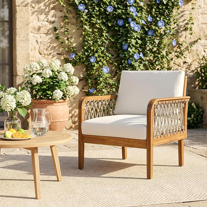 Merax 4-Piece Outdoor Acacia Wood Patio Conversation Set, 2 Club Chairs + Loveseat & Coffee Table with Handwoven Rope & Cushions, Furniture Set for Garden, Balcony, Poolside, Teak