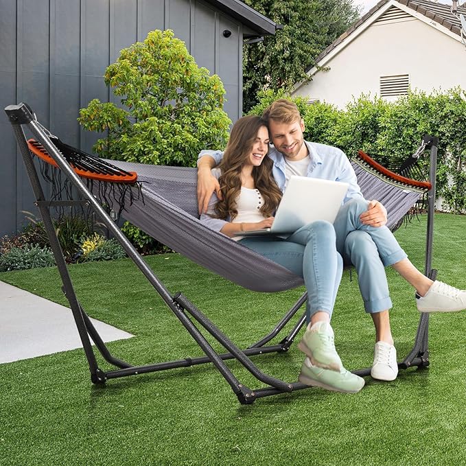 Goutime Collapsible Hammock Stand with Carry Bag, 550lbs, Portable, Grey | 3 level adjustable up to 10ft, double layer hammock net, fits indoor, yard, camping, and outdoor use