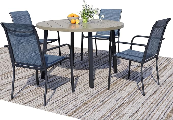 5 Piece Patio Dining Set for 4, 42” Honey Oak Round Table with Umbrella Hole and 4 Blue Patio Stackable Chairs, Patio Table and Chairs for Backyard, Lawn, Deck & Garden