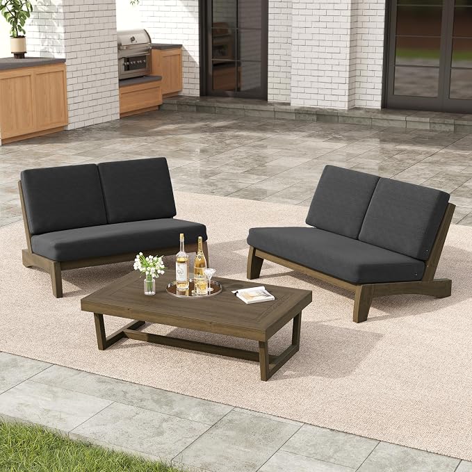 3 Pieces Patio Furniture Sets, All-Weather Outdoor Wood Bistro Set Patio Conversation Coffee Table Chiars and Patio Loveseat for Balcony, Backyard