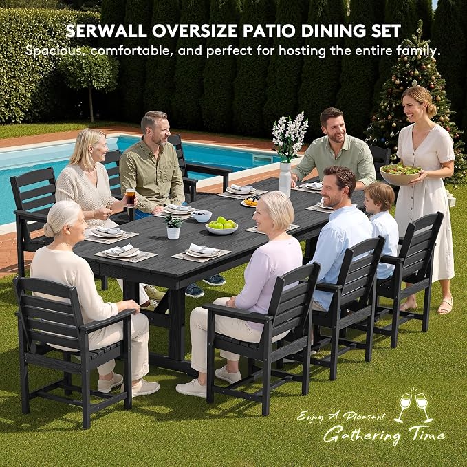 SERWALL Outdoor Dining Table, 84" Rectangular Dining Table for 6-8 Person, All Weather HDPE Outdoor Furniture for Backyard, Garden, Black