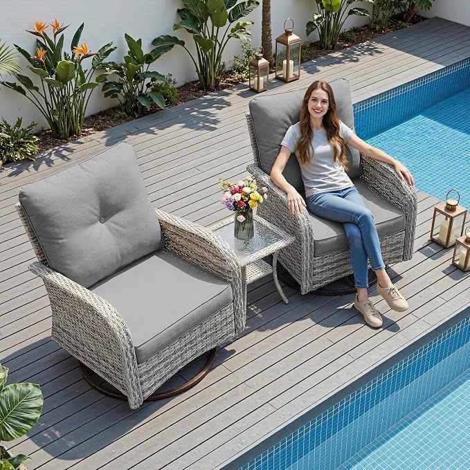 3-Piece Small Patio Furniture Set, Outdoor Swivel Rocking Chairs Set with Wicker Chairs and Tempered Glass Side Table, Outdoor Furniture Patio Bistro Set for Balcony, Deck, Porch