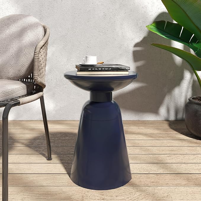Merax Iron Patio Side Table 15"x21" Modern Art Design Weather Resistant End Table for Indoor Outdoor Patio Backyard Pool (Navy Blue)