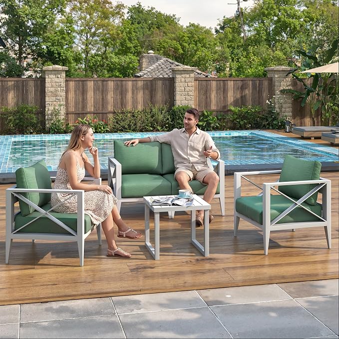 4 Piece Aluminum Patio Furniture Set, Modern Outdoor Patio Conversation Sets with Ergonomic Armhairs and Loveseat, 6" Thick Washable Cushions for Balcony, Porch, Backyard,Brown