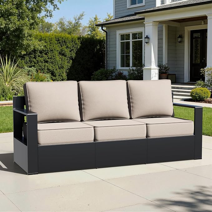 Aluminum Patio Sofa - 3-Seater Outdoor Couch with 6" Thick Removable Cushions, All-Weather Metal Frame, Deep Setting for Garden, Poolside and Porch