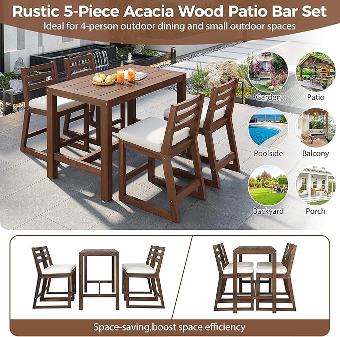 WILLIAMSPACE 51.9" 5-Piece Outdoor Bar Table Set, Patio Acacia Wood Bar Height Table & 4 Chairs with Cushions, Solid Wood Outdoor Dining Bistro Bar Set for Poolside, Balcony, Backyard (Mocha)