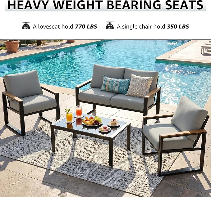 NATURAL EXPRESSIONS 4 Pieces Patio Furniture Sets,Outdoor Metal Sectional Furniture Modern Patio Conversation Set,Fauxwood Anti-Scald Armrest,Sling Mesh,Tempered-Glass Table,4" Olefin Cushions
