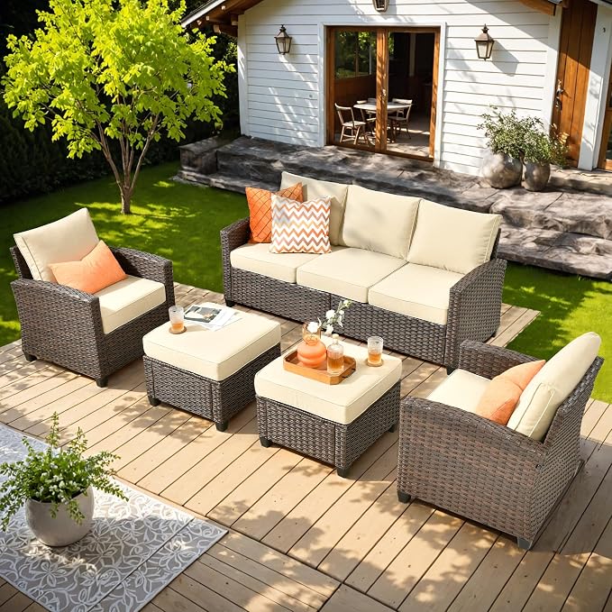 ovios 5 Pieces Patio Furniture Set, Outdoor Wicker Sofa Couch with Chairs Comfy Cushions, All Weather Brown Rattan Conversation Set for Backyard Deck Porch, Beige