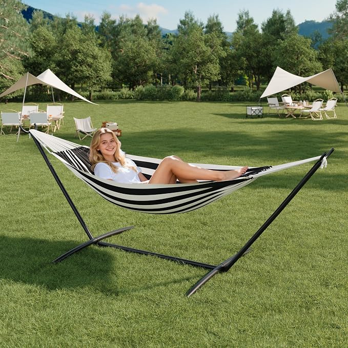 Double Hammock with Stand for Outdoor Use, 2 Person Heavy Duty Hammock with Steel Frame Stand, Portable Hammock for Patio, Yard & Garden, Easy Assembly, 450 Lbs Capacity-Black