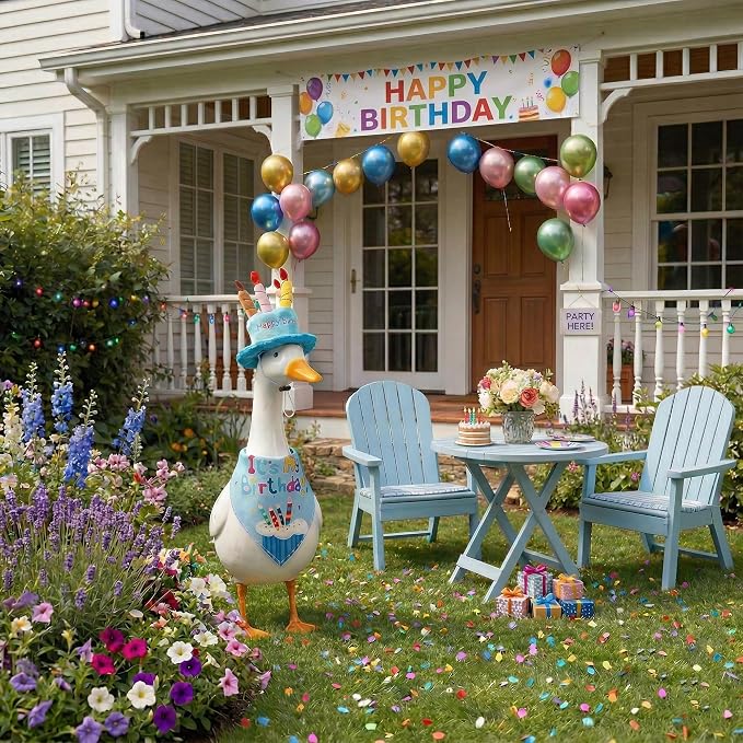 Happy Birthday Goose Outfit Porch Goose Outfits with Happy Birthday Cake Hat and Bandana Yard Geese Outfits for 23" 17" Cement/Plastic Porch Goose Outdoor Statue Patio Yard Lawn Art (Blue)