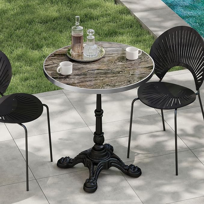 SSLine 31.5" Sintered Stone Dining Table, Marble Top Bistro Table with Heavy-Duty Cast Iron Base, Waterproof Tulip Table for 2-4 Person,Indoor/Outdoor Use for Patio,Cafe,Restaurant (Round-Brown)