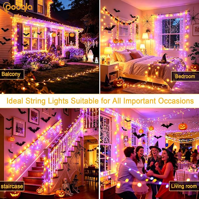 200 LED Orange Purple Halloween Lights Outdoor String Lights, 66 ft | Green Wire Waterproof Twinkle Fairy Lights with Timer, 8 Modes Connectable String Lights Indoor Halloween Decorations