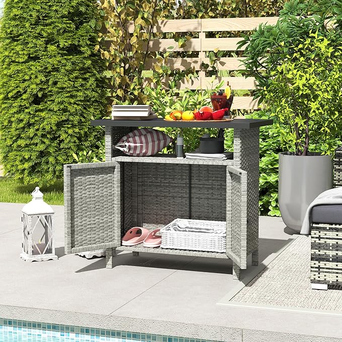 Outsunny Wicker Outdoor Storage Cabinet, Rattan Bar Table with 2 Doors and Shelf, Buffet Sideboard with Metal Slatted Countertop for Poolside, Patio, Backyard, Gray