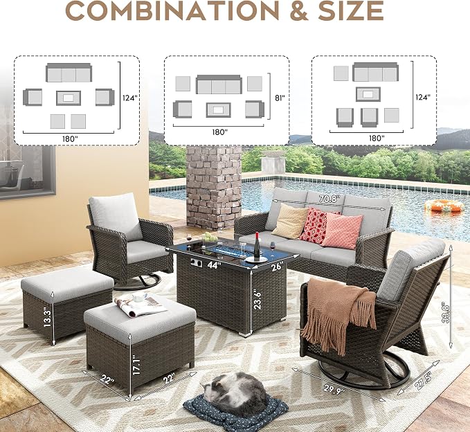Yechen Patio Furniture Set 6 Peices with 44" Propane Gas Fire Pit Table -2 Wicker Swivel Rocking Chair, Outdoor Sectional Furniture Set with-4.3'' Cushion Conversation Sofa Set for Porch,Backyard