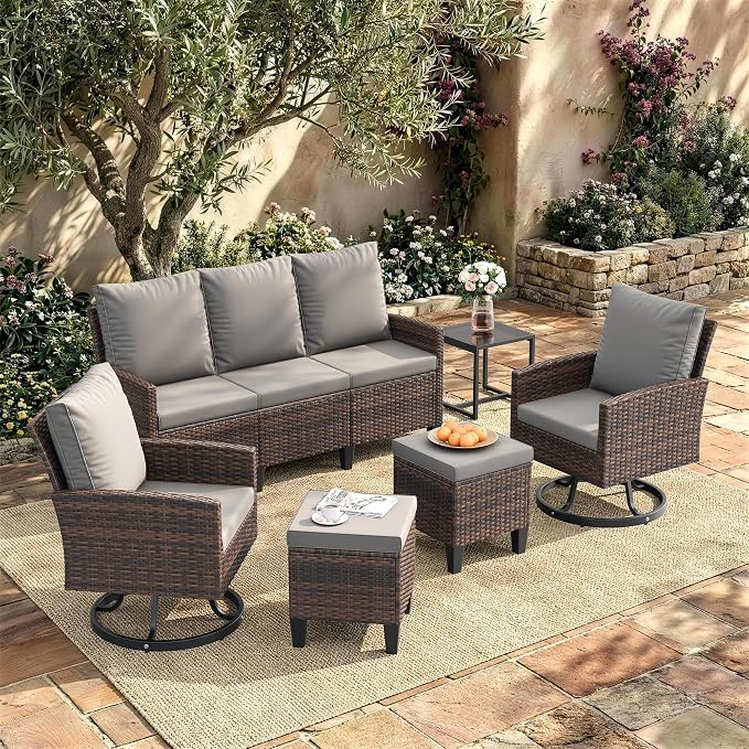 Amopatio Outdoor Patio Furniture Set, 6 Pieces Conversation Sofa with 360° Swivel Chairs, All Weather Wicker Outdoor Furniture for Backyard Garden Pool Deck,Grey
