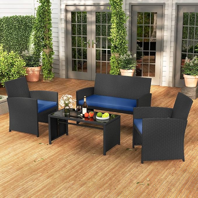 RELAX4LIFE 4-Piece Patio Furniture Set - Wicker Rattan Outdoor Sectional Sofa Set w/Glass Coffee Table, Loveseat, 2 Chairs & Soft Cushions, Bistro Conversation for Garden Porch (1, Black-Navy)
