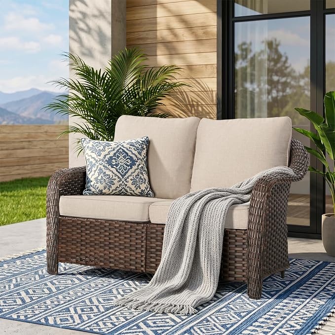 55 inch Outdoor Wicker 2 Seater Sofa, All-Weather Use Patio Rattan Loveseat with Seat and Back Cushion, Ideal for Porch, Backyard, Balcony, Poolside, Beige