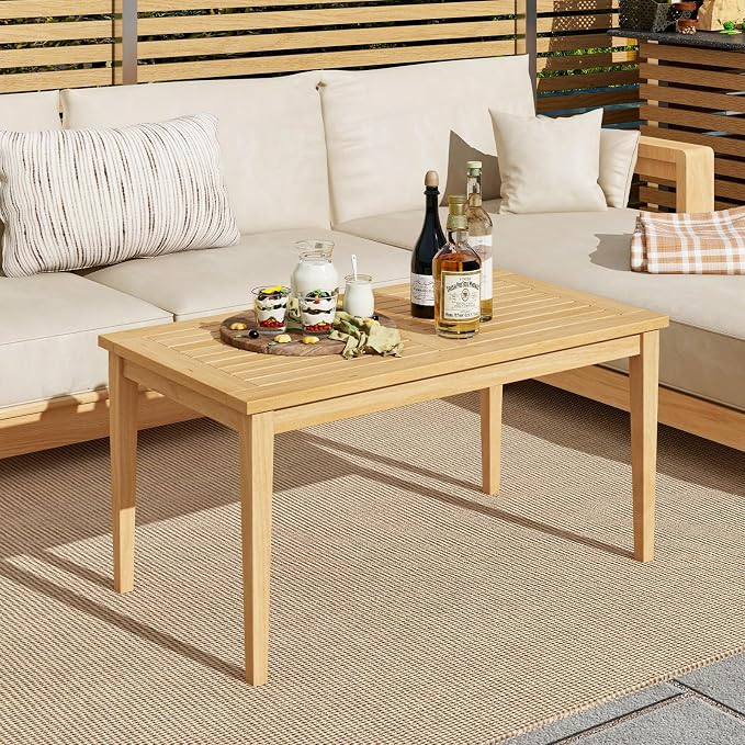 Tangkula Outdoor Teak Wood Coffee Table, Premium Solid Wood Patio Side Table w/Slatted Tabletop, Patio Furniture, 35.5" x20” Rectangular Tea Cocktail Table for Balcony, Lawn, Deck, Backyard, Poolside
