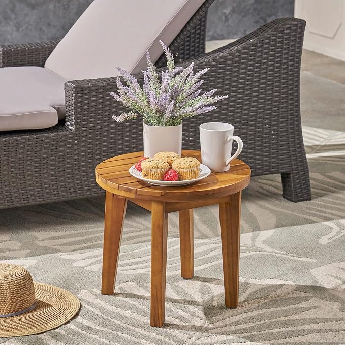 16” Small Outdoor Side Tables with Slatted Top, Round Outdoor Table, Wood Side Table, Small Patio Side Table for Patio, Balcony, Garden & Backyard, Teak Finish (Teak)