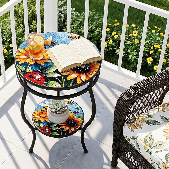 Outdoor Side Table Round with Storage 2-Tier Patio Small Outdoor Table Weather Resistant for Outside Balcony Porch Garden
