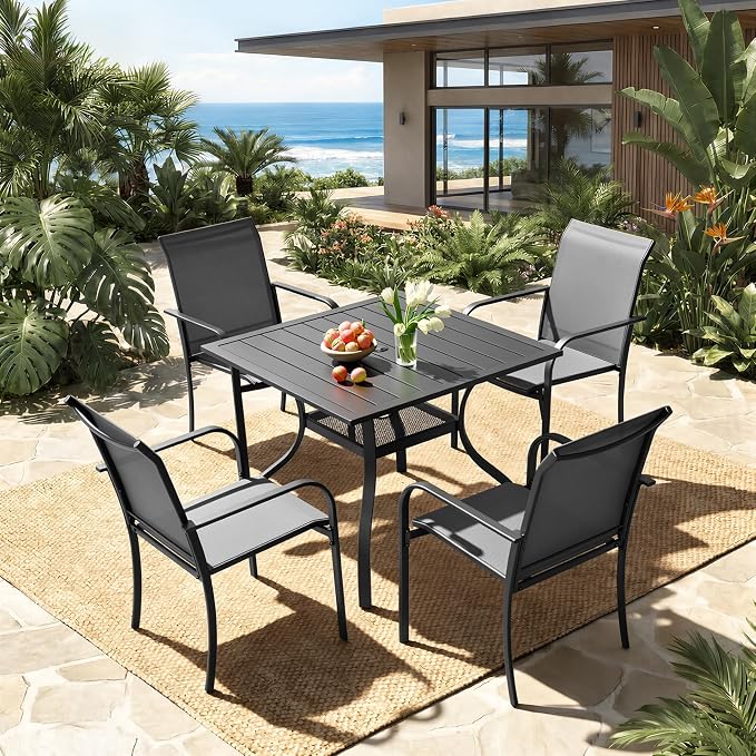 Incbruce 5 Pieces Patio Dining Set, Outdoor Dining Set of 4 Textilene Chairs and Square Table with Umbrella Hole for Backyard, Garden, and Poolside (Grey)