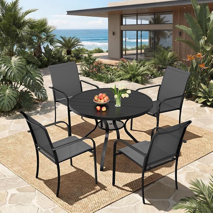 5-Piece Patio Dining Set,4 Person Outdoor Table and Chairs Set, 4 Metal Dining Chairs and Round Outdoor Table with 1.57" Umbrella Hole,Grey