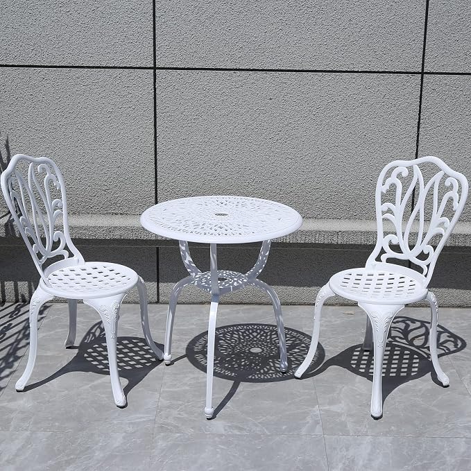 3 Piece Bistro Set,Outdoor Patio Set,Anti-Rust Cast Aluminum Bistro Table Set for Park Yard Front Porch Furniture(New White)…