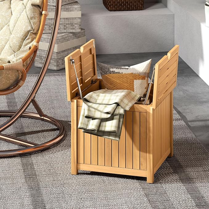 Tangkula 2-in-1 Outdoor Side Table with Storage, Acacia Wood Slatted Coffee Table with Umbrella Hole & Removable Base, Square Slatted End Storage Box for Backyard, Poolside