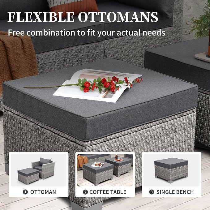 WAROOM Patio Furniture Set 6 Piece PE Rattan Outdoor Conversation Sets Grey Wicker Couch Sectional Sofa with Storage Coffee Table and Grey Cushion