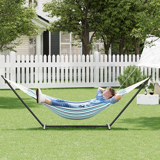 GarveeHome Double Hammock with Stand - Heavy Duty 450lbs Capacity, Portable Cotton Hammock for Two Adults, Indoor & Outdoor Use with Travel Bag, Ocean Stripe Pattern