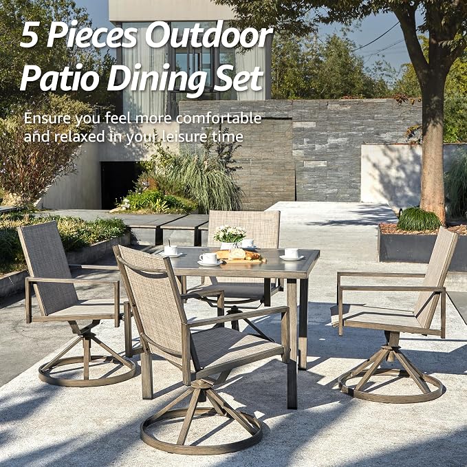 NATURAL EXPRESSIONS 5 Piece Outdoor Patio Dining Set with 4 Swivel Dining Chairs & 38'' Square Woodgrain Dining Table, Gray Textilene Mesh Fabric Chair for All Weather Deck Lawn Garden