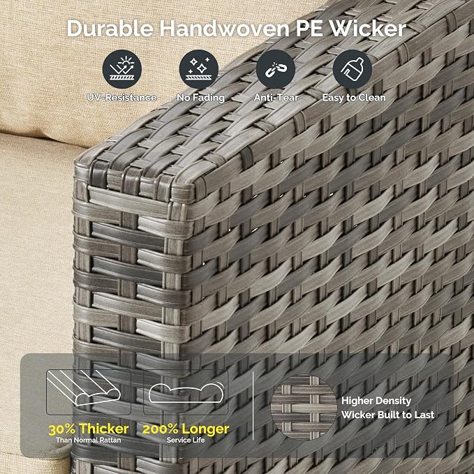 7 Piece Wicker Patio Furniture Set with Firepit Table, Beige | Outdoor Deep Seating Sofa Chair Ottoman, Firepit, Solar Lights Table, Modern Conversation Set, Porch Deck Backyard