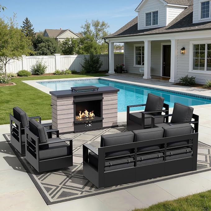 Outdoor Aluminum Furniture Set, 6-Piece Patio Conversation Set, 4 Chairs 1 Sofa and 1 Fireplace, All-Weather Metal Frame, 6" Thick Removable Cushions, Deep Setting for Garden, Poolside and Porch