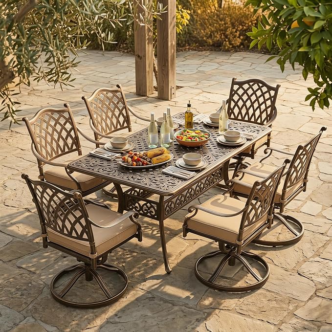 7 Piece Outdoor Dining Set Cast Aluminum, Retro Patio Dining Set for 6 Includes 59” Rectangular Table 6 Swivel Chairs with Thicker Cushions and Umbrella Hole for Patio Deck Garden