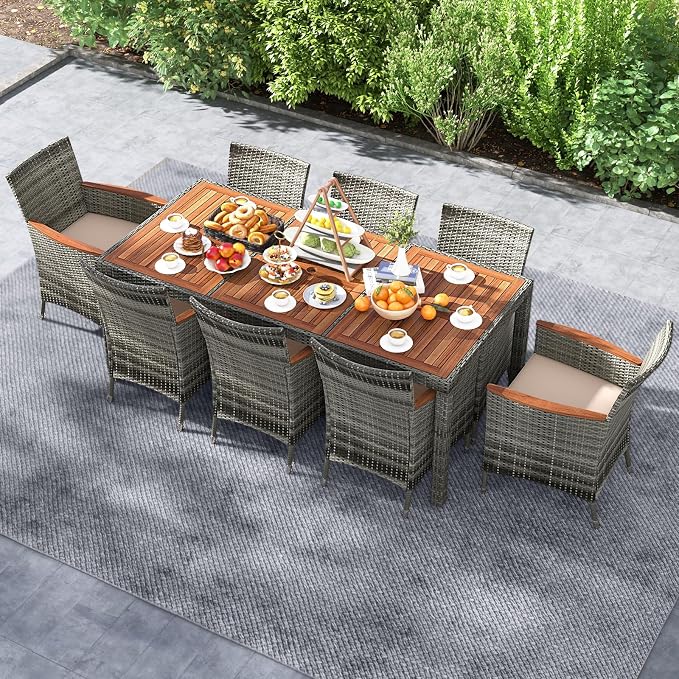 9 Pieces Outdoor Wicker Dining Set with Umbrella Hole, Patio Dining Furniture Set with Acacia Wood Table and Chairs, Garden Dining Table Set for Backyard, Desk, Poolside (Gray)