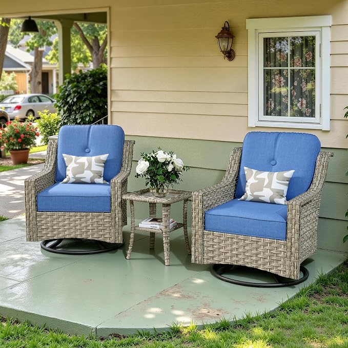 3 Piece Patio Furniture Set, Outdoor High Back Swivel Rocker Chairs Set of 2 with Side Table, All Weather Wicker Glider Chair with Thick Cushions for Backyard Balcony Porch, Sapphire Blue