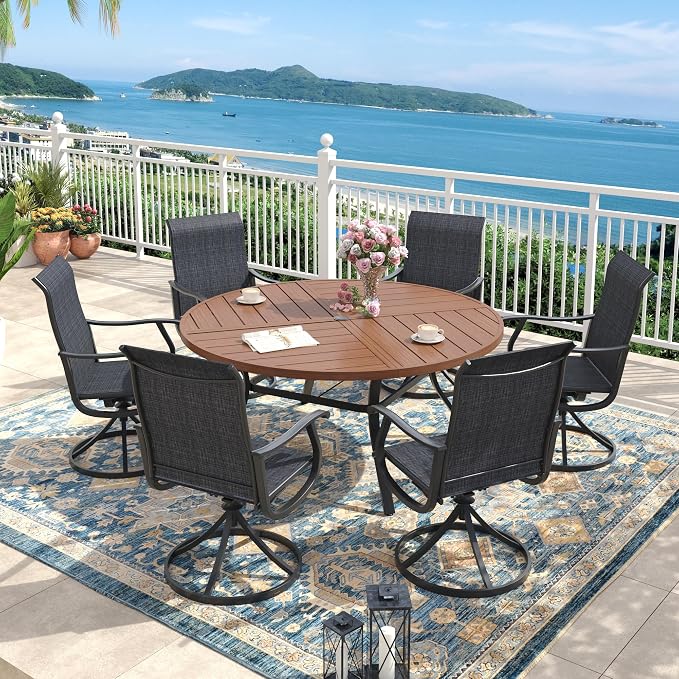 50" Outdoor Dining Table with Adjustable Umbrella Hole, Metal Slatted Round Patio Dining Table for Backyard Garden Deck, Walnut