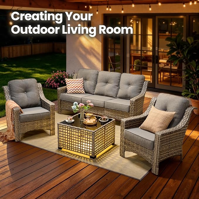 4 Piece Patio Furniture Set with Solar Light Coffee Table, Heavy Duty Wicker High Back Sofa Chairs with Thick Cushion, Small Outdoor Conversation Sets for Backyard Garden Porch, Dark Gray