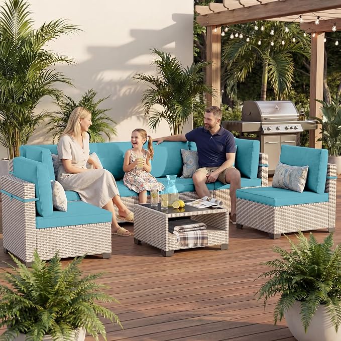 Patio Furniture Set, 14-Piece Outdoor Sectional Sofa with 2-Layer Glass Coffee Table, Wicker Patio Conversation Set with Cyan Cushions for Backyard, Poolside, Porch
